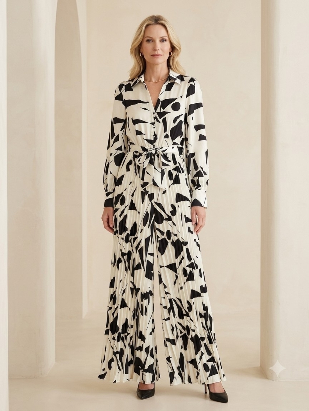 L'ATISTE Black & White Abstract Pleated Jumpsuit with Tie Waist